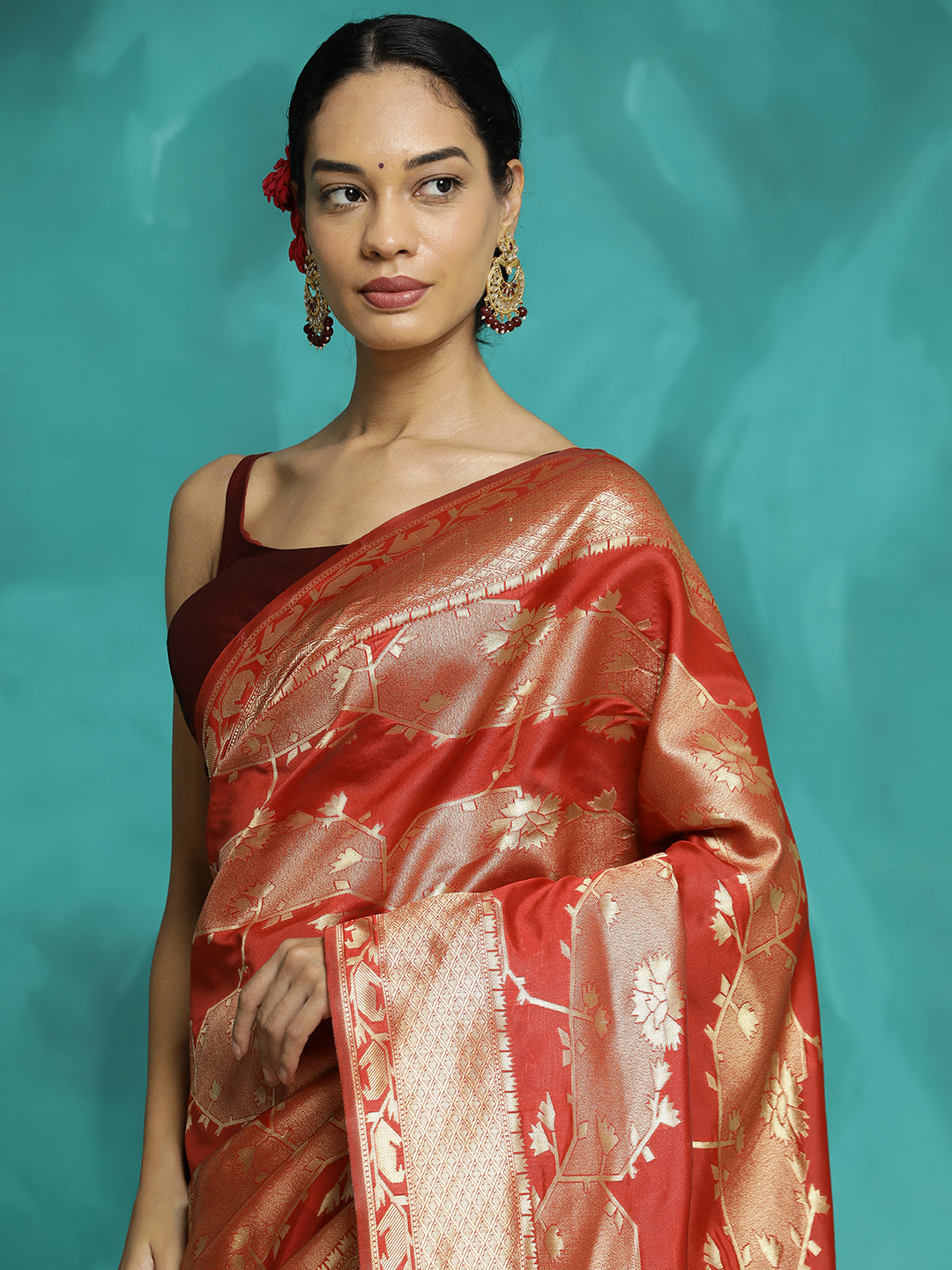 Party Wear Zari Red Banarasi Saree