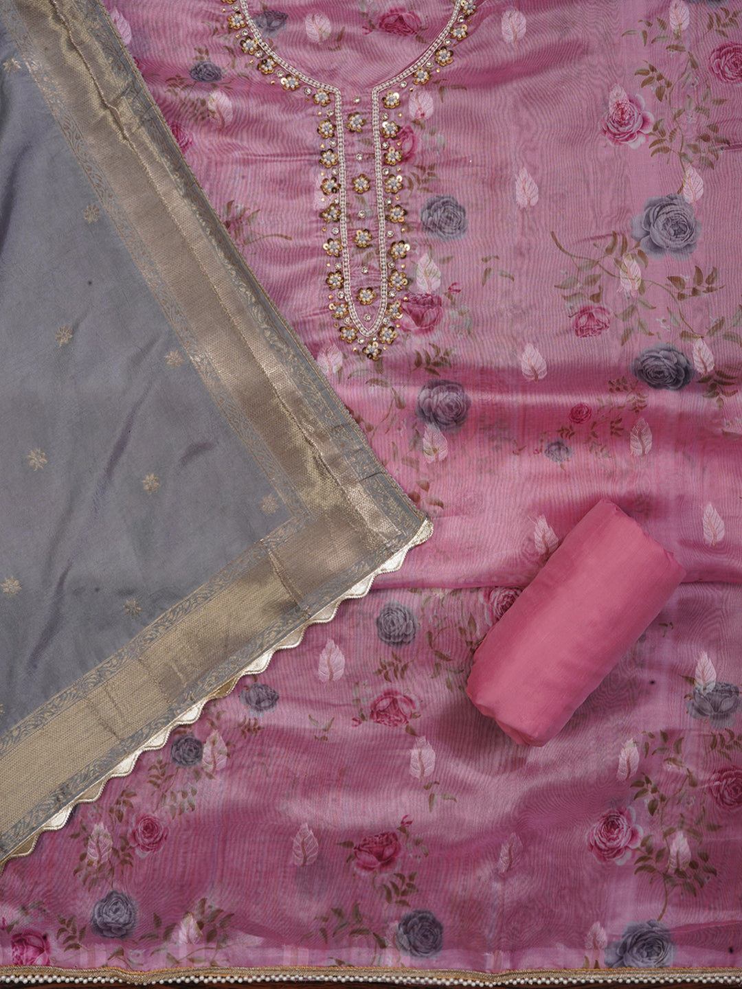 Pink Zari Embellished Organza Dress Material with Dupatta