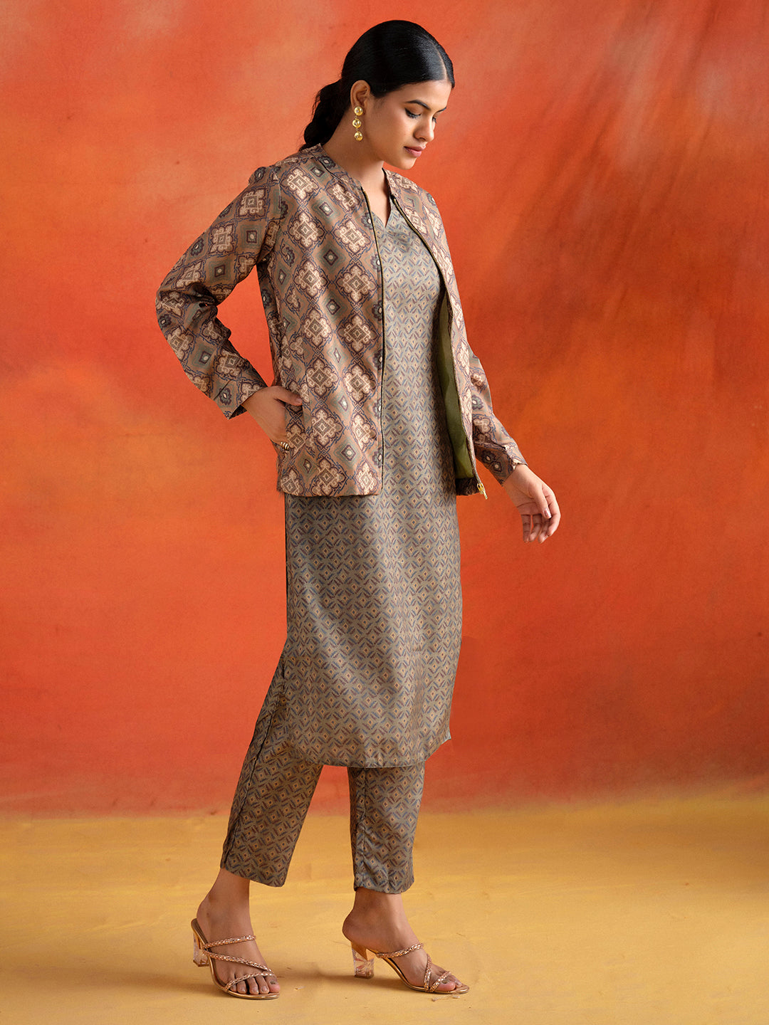 Olive Green Geometric Printed Kurta Set With Jacket Co-ord Set