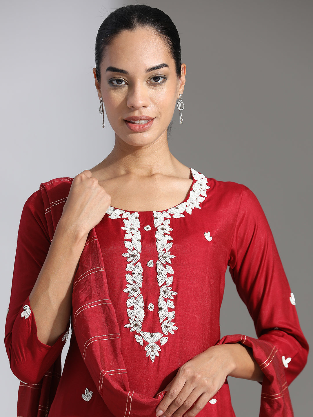 Maroon Festive Silk Beadwork Embroidered Suit Set