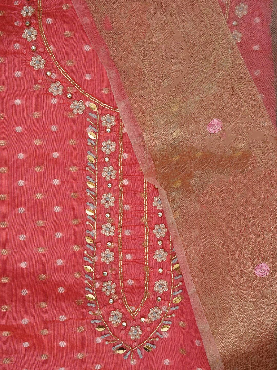 Pink Cotton Blend Embellished Dress Material with Dupatta