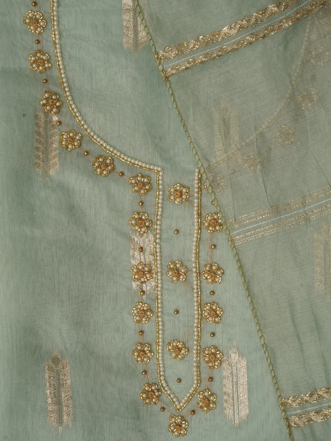 Light Green Unstitched Zari Silk Blend Dress Material With Dupatta