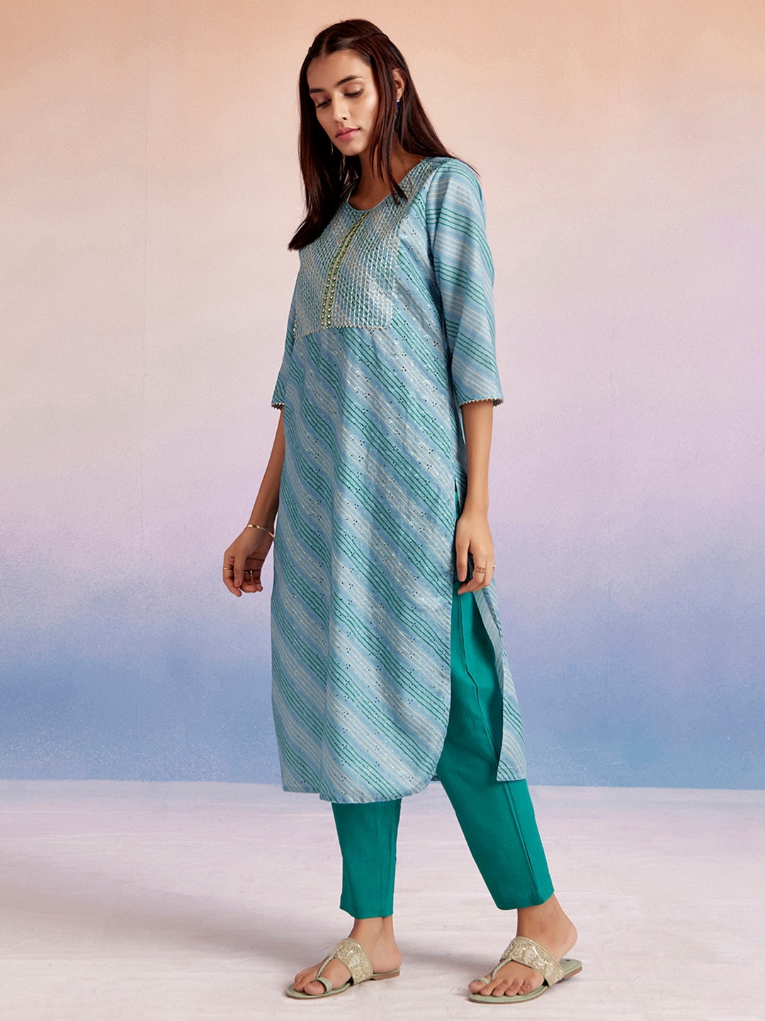 Leheriya Printed Schiffli Blue Straight Kurta