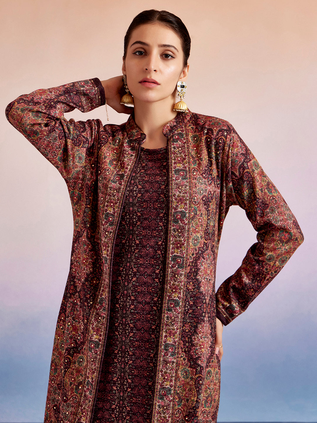 Wine Color Woolen Ethnic Printed Co-ord Set