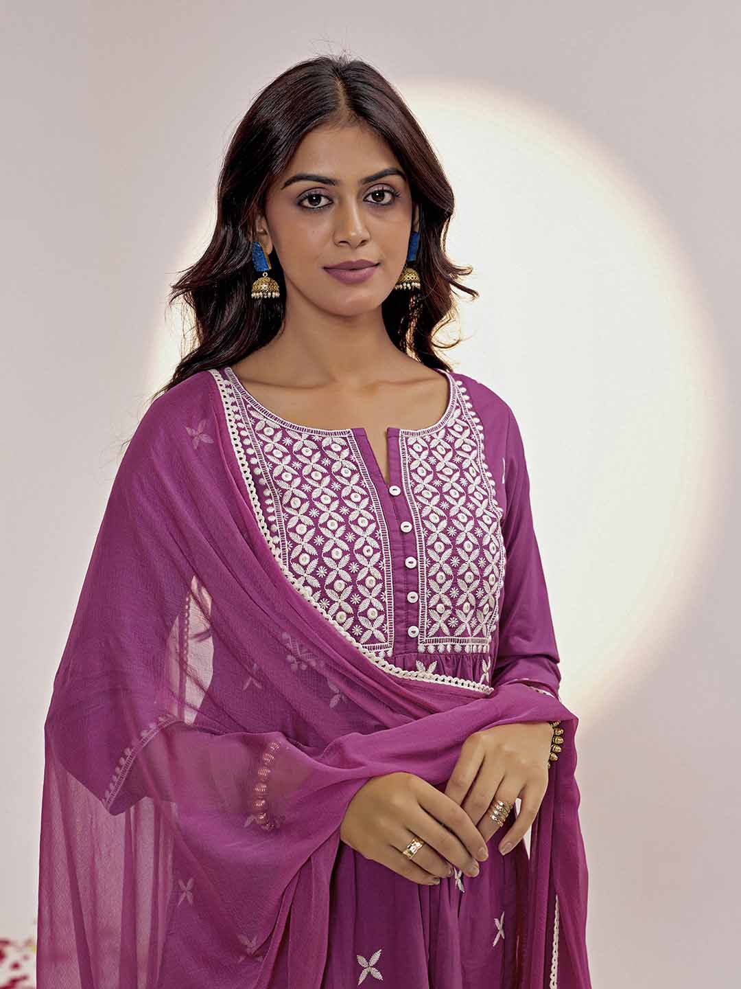 Magenta Threadwork Embroidered Pure Cotton Kurta Set With Dupatta