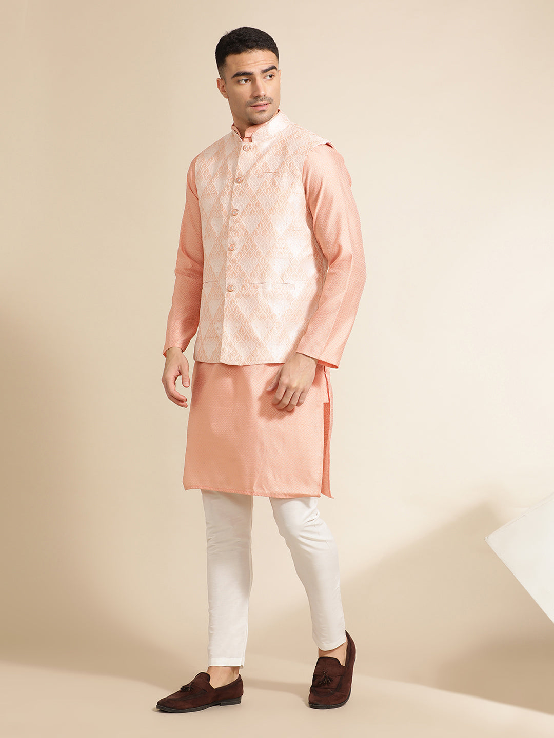 Peach Festive Kurta With Printed Nehru Jacket Set