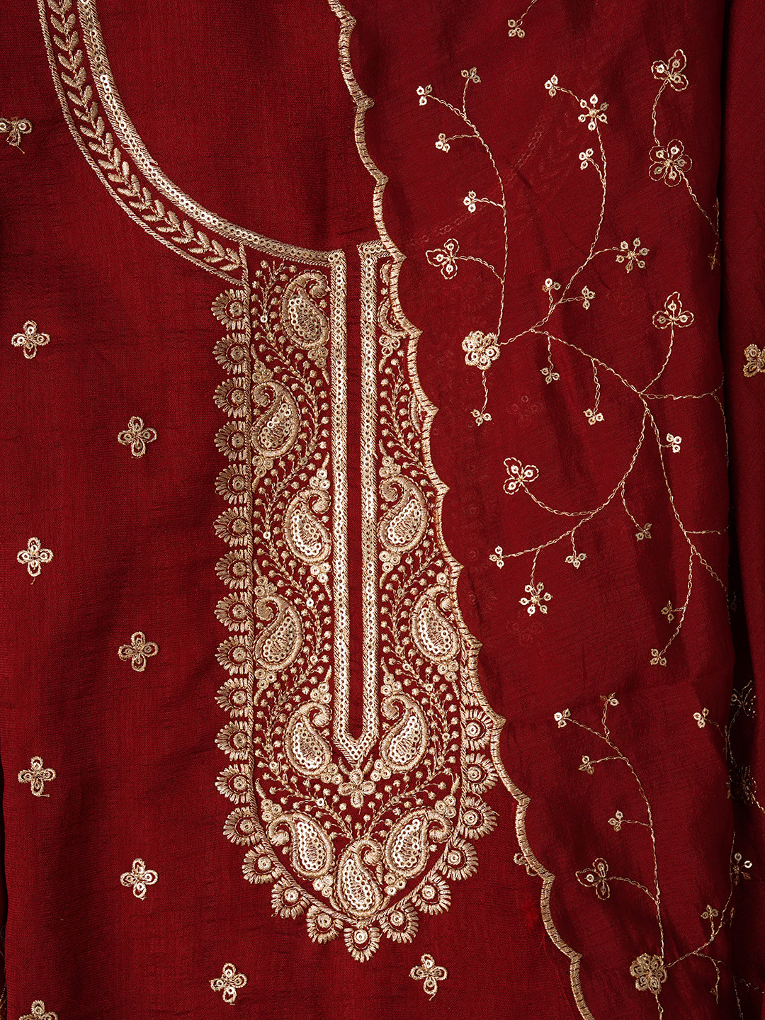 Unstitched Maroon Embroidered Cotton Blend Dress Material With Dupatta