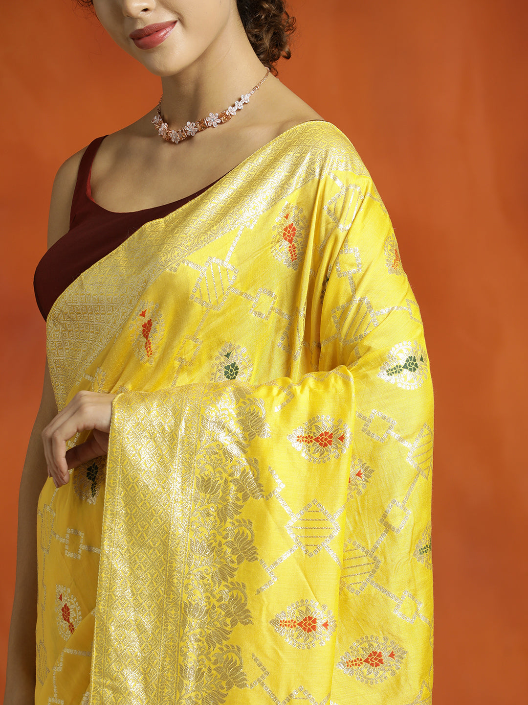 Yellow Party Wear Silk Banarasi Floral Zari Woven Design Saree