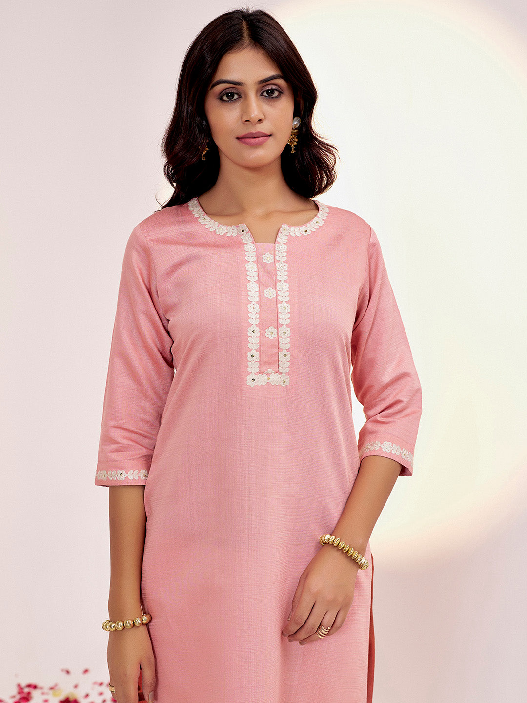 Peach Self Woven Dori Embroidered Kurta Set