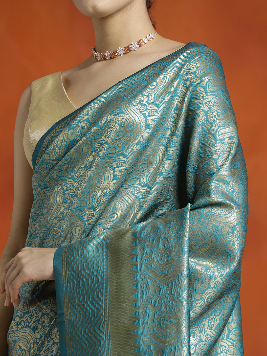 Heavy Banarasi Zari Woven Teal Silk Blend Saree