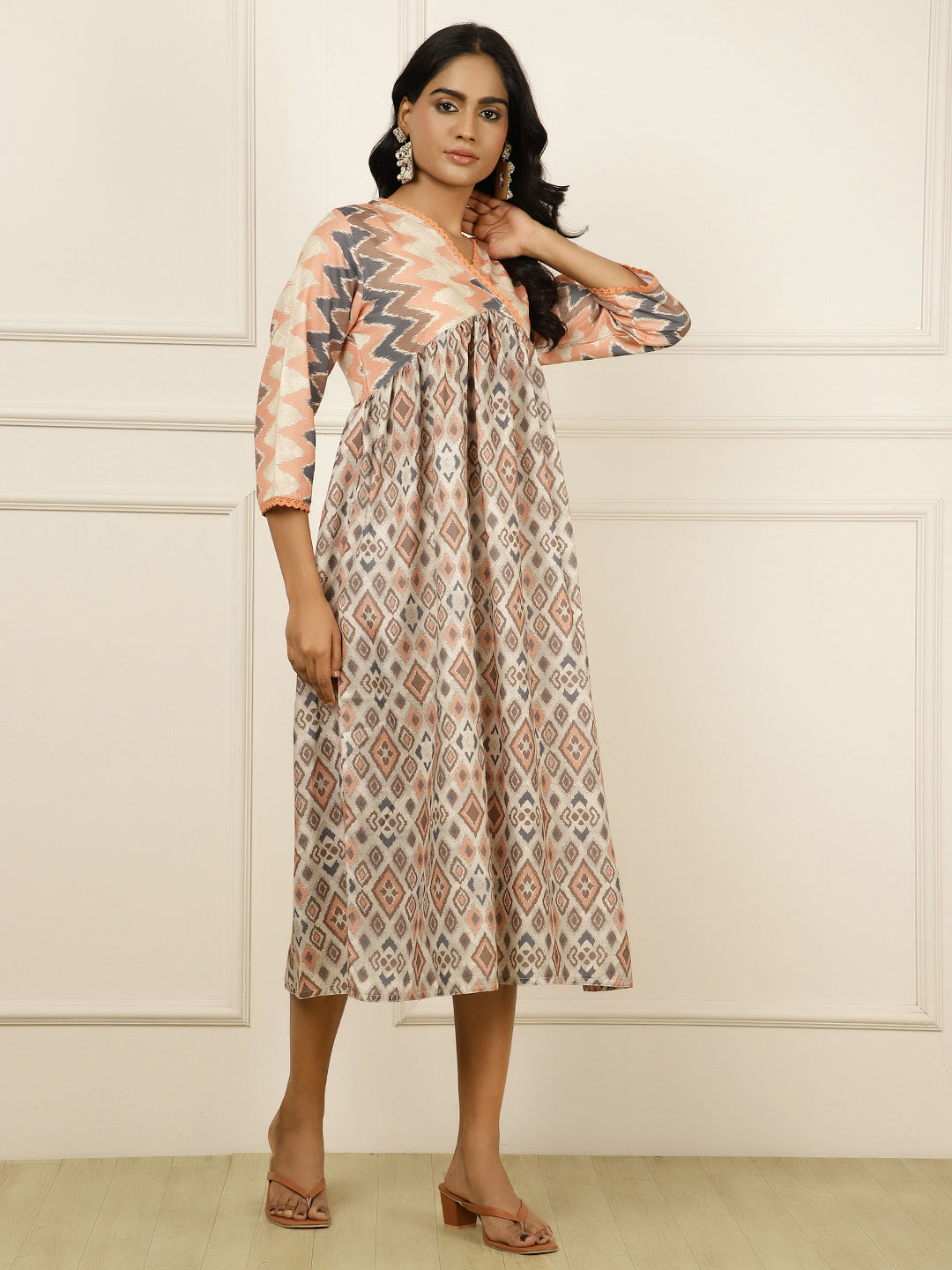 Peach Geometric Printed Gathered Dress