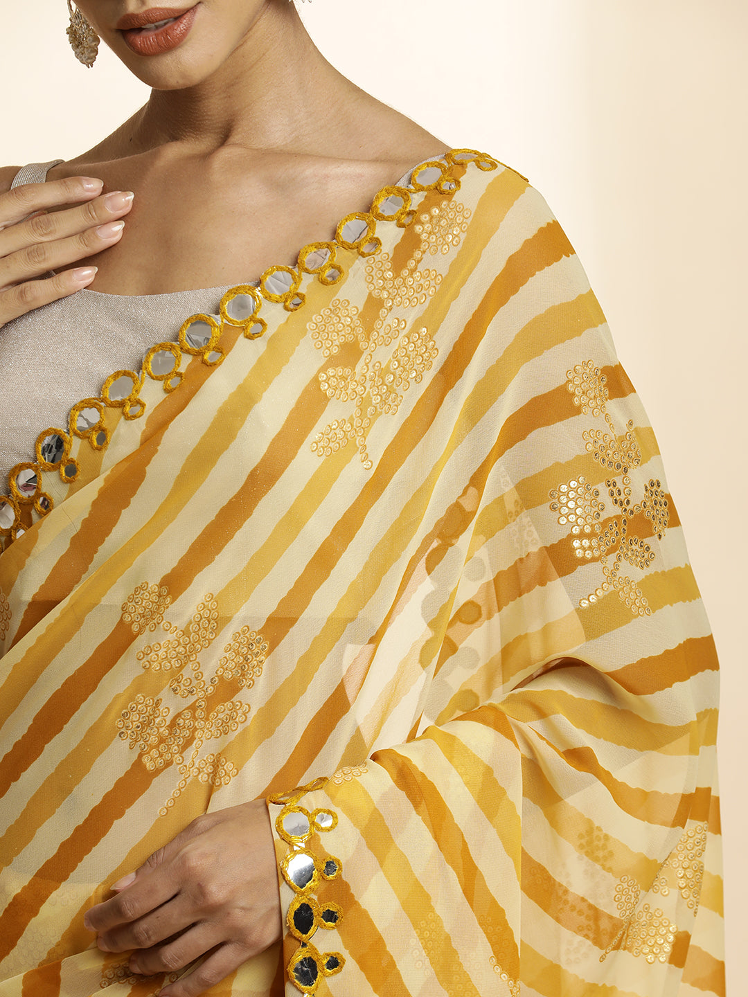 Pure Georgette Leheriya Mirror Work Yellow Saree