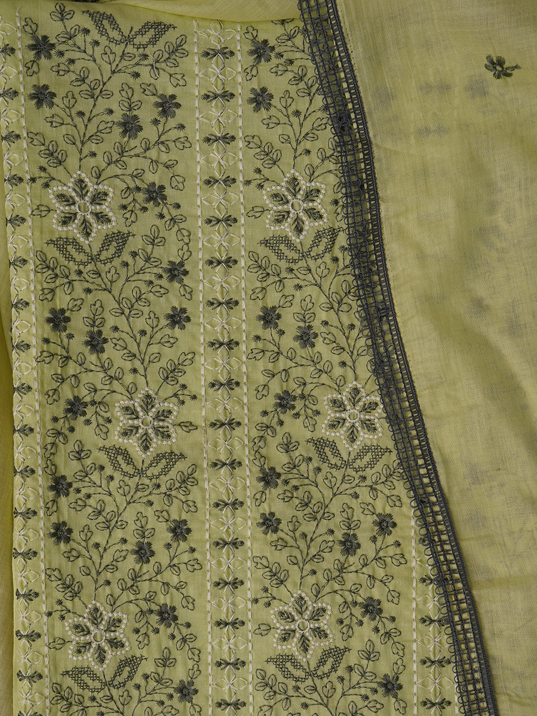 Light Green Unstitched Embroidered Pure Cotton Dress Material With Dupatta