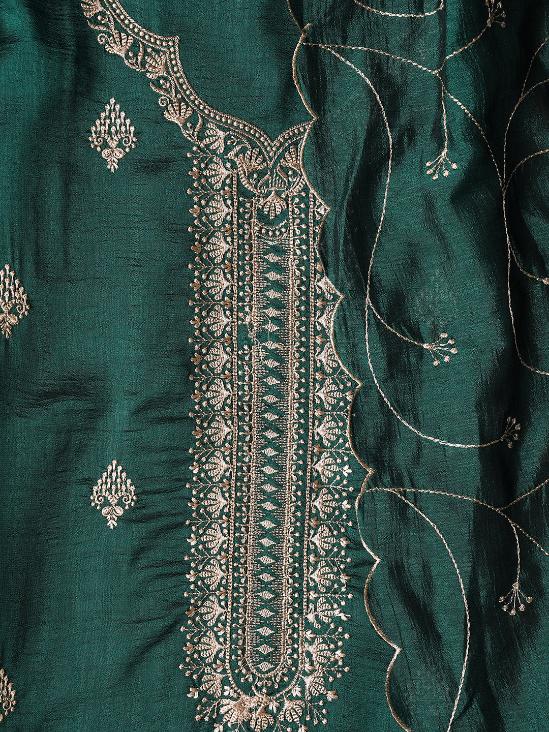 Unstitched Green Embroidered Silk Blend Dress Material With Dupatta