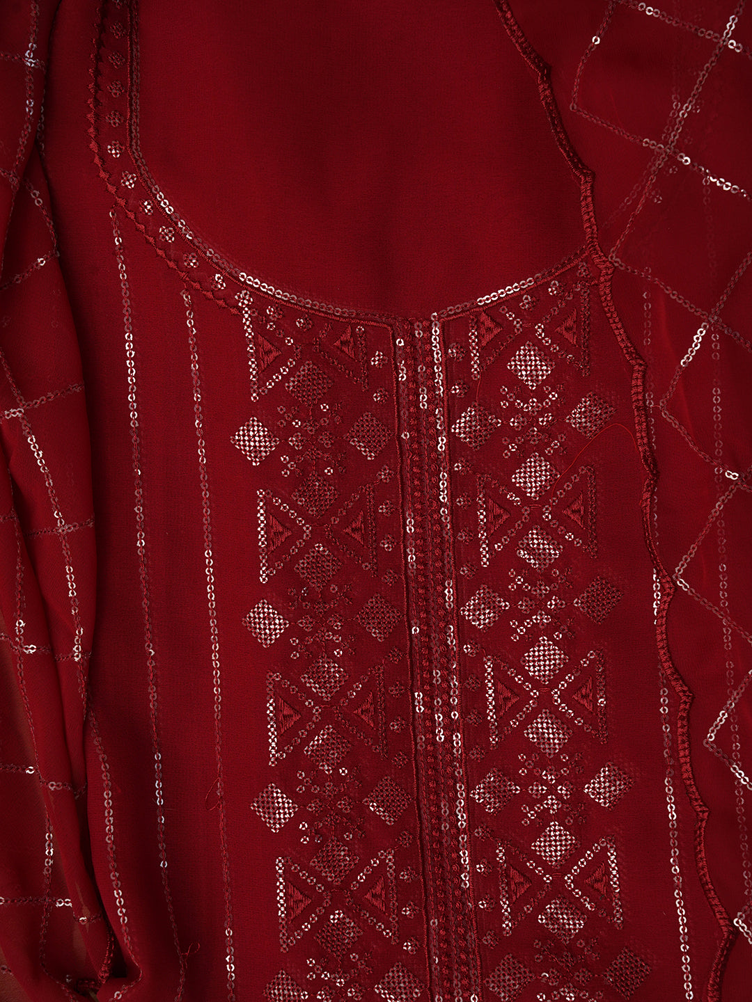 Red Unstitched Embroidered Silk Georgette Dress Material With Dupatta