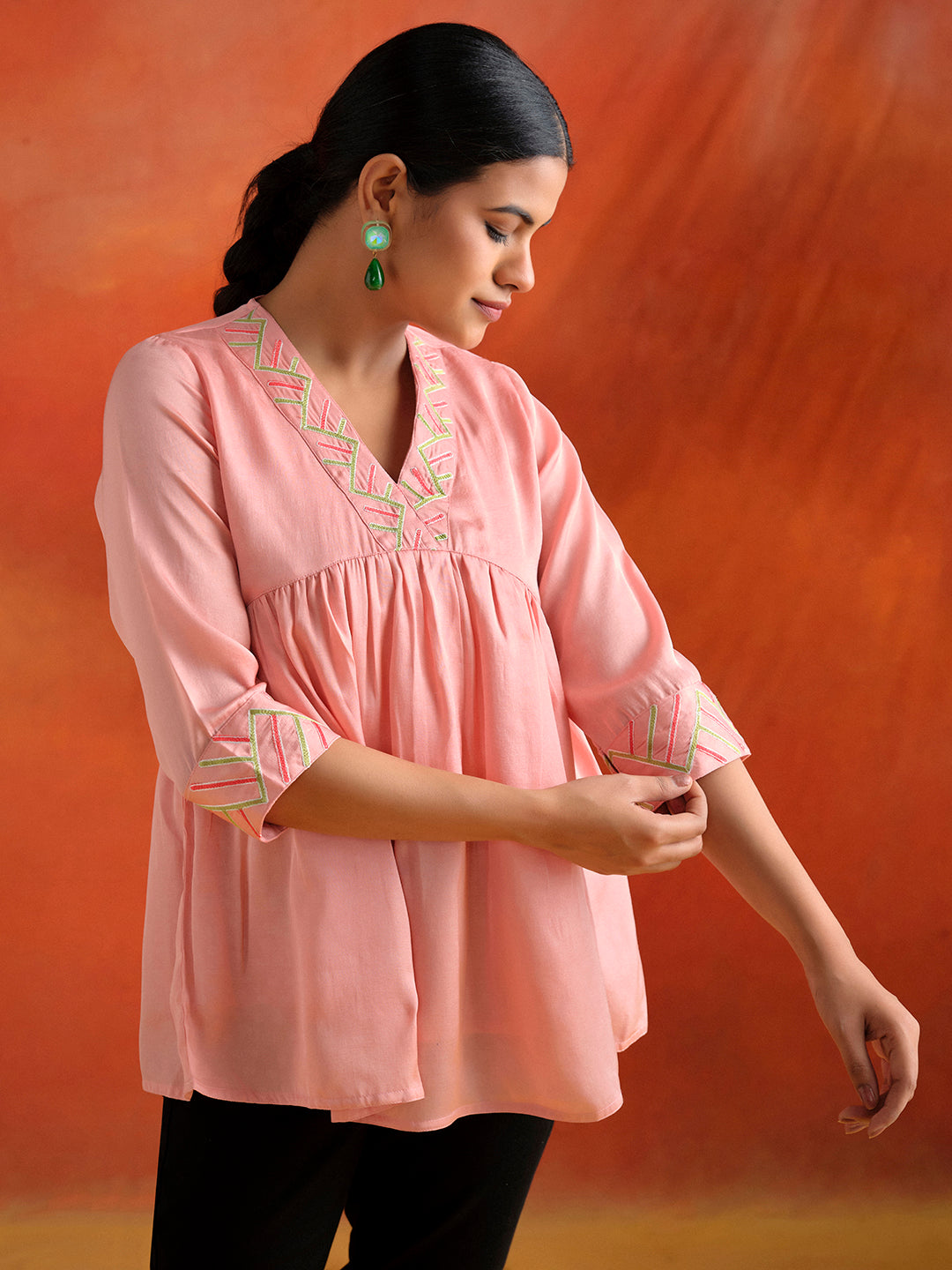 Pink Resham Embroidered Gathered Top