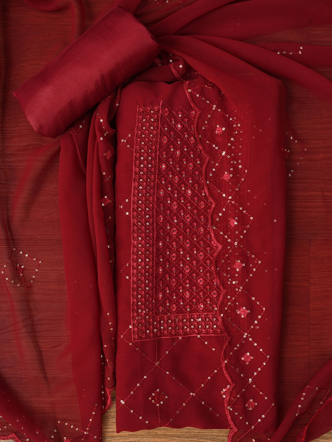 Maroon Embroidered Silk Georgette Dress Material with Dupatta