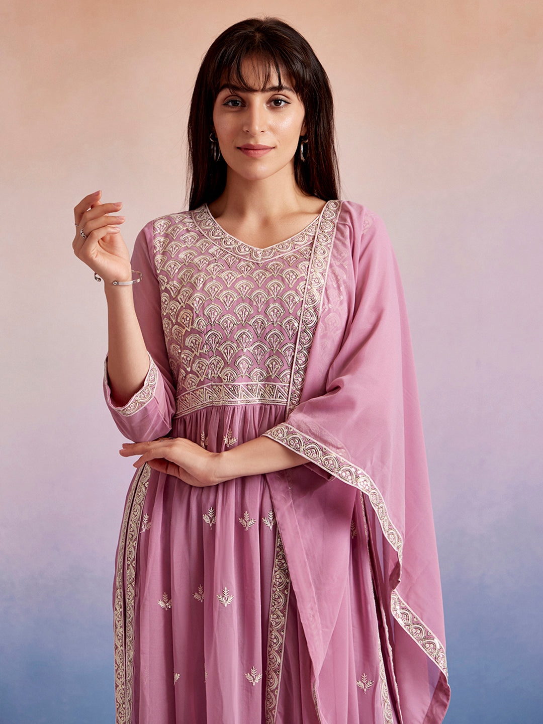 Festive Embroidered Naira Cut Kurta Set With Dupatta