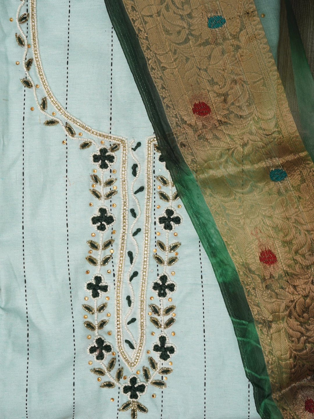 Sea Green Cotton Woven Design Embellished Dress Material with Dupatta