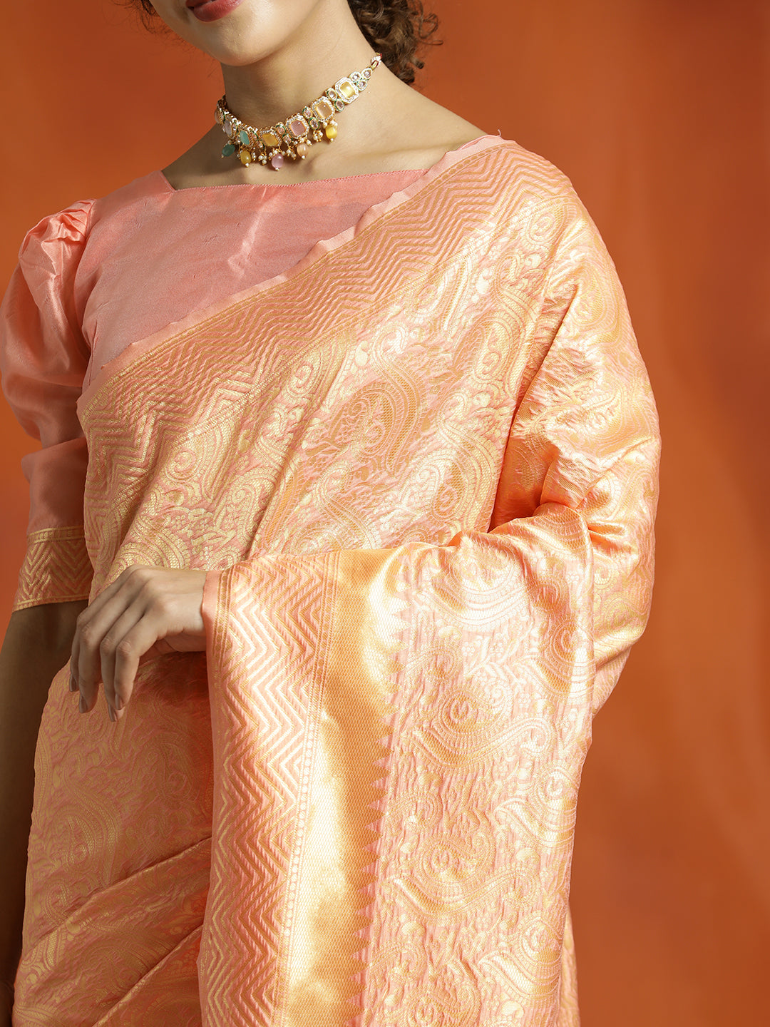 Peach Silk Banarasi Zari Woven Heavy Saree