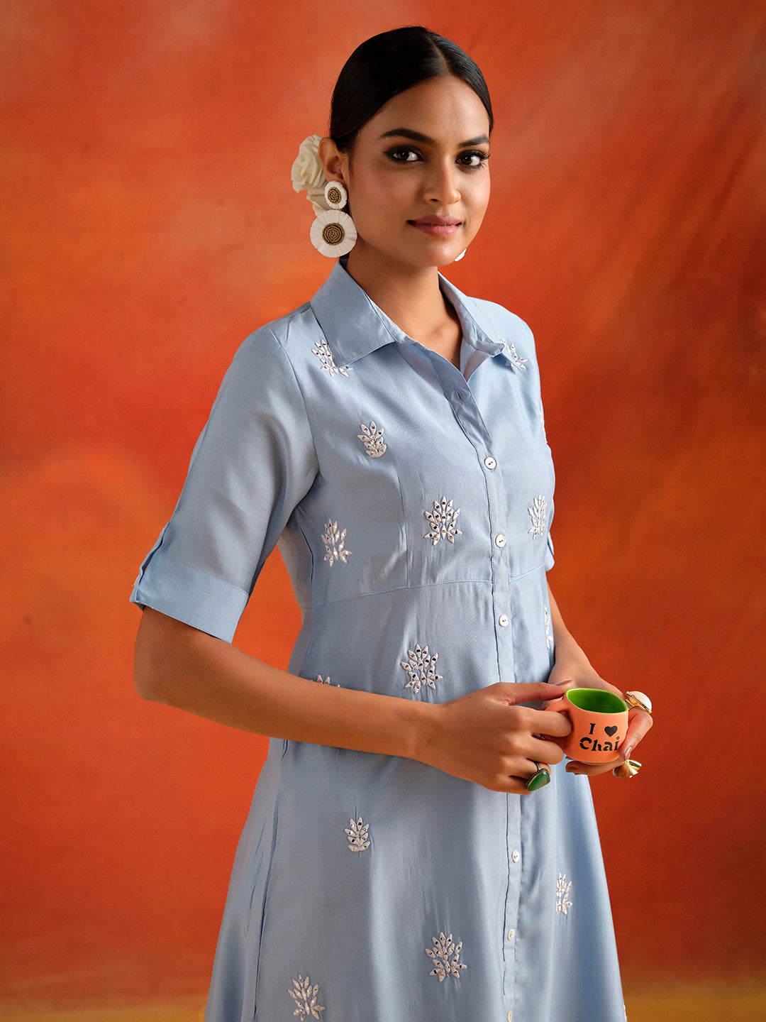 Blue Mirror Work Viscose Chanderi A-line Kurta