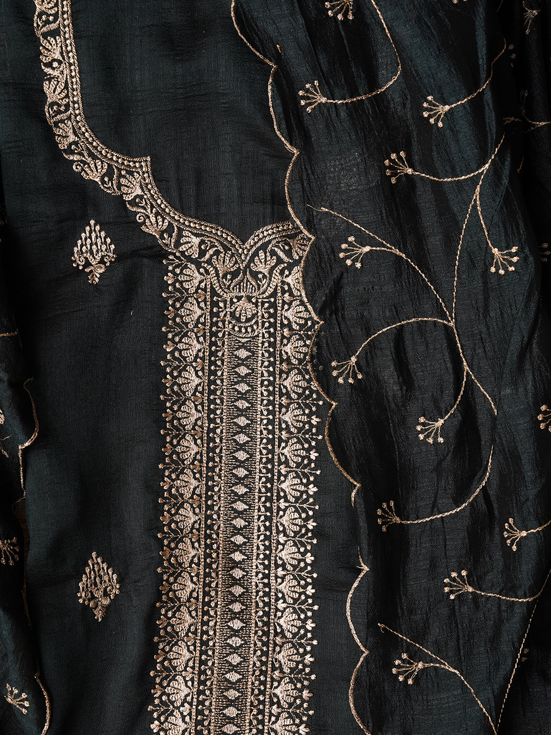 Grey Unstitched Embroidered Silk Blend Dress Material With Dupatta