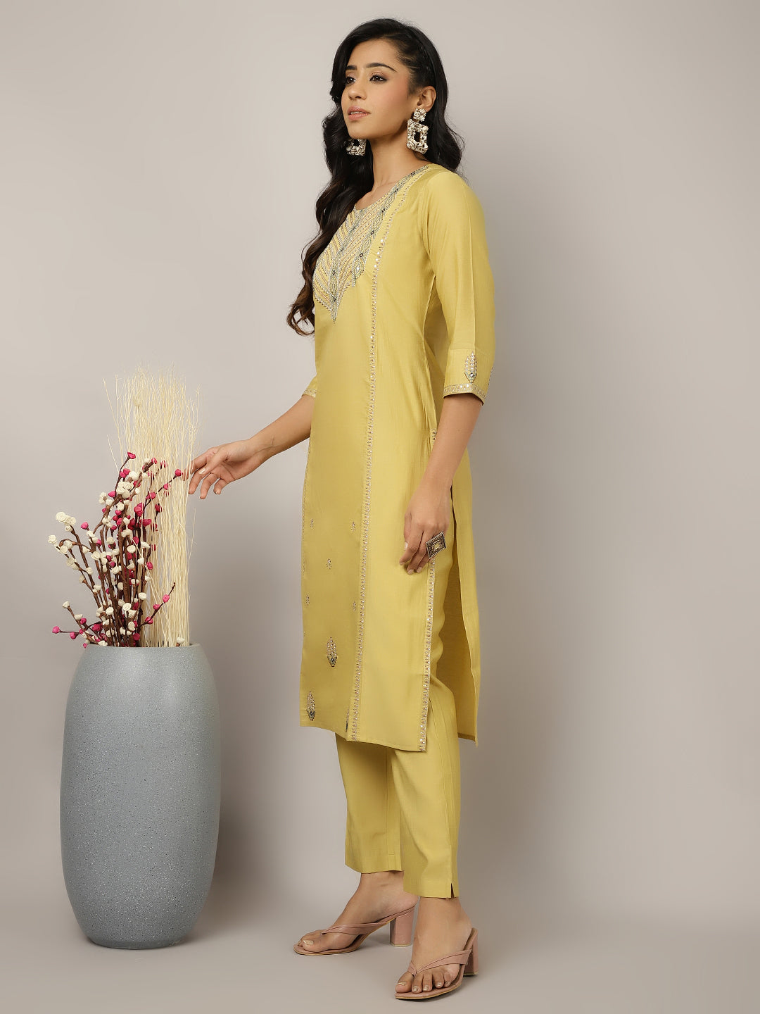 Silk Blend Yellow Embroidered Suit Set