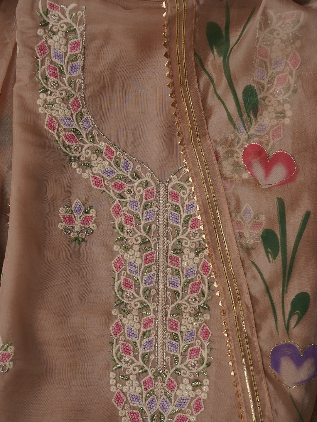 Handpainted Peach Embroidered Dress Material with Dupatta