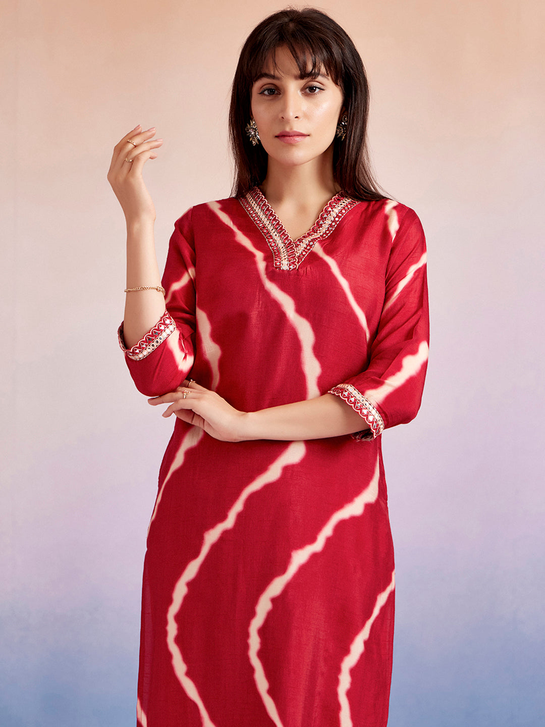 Red Embroidered Leheriya Kurta Set