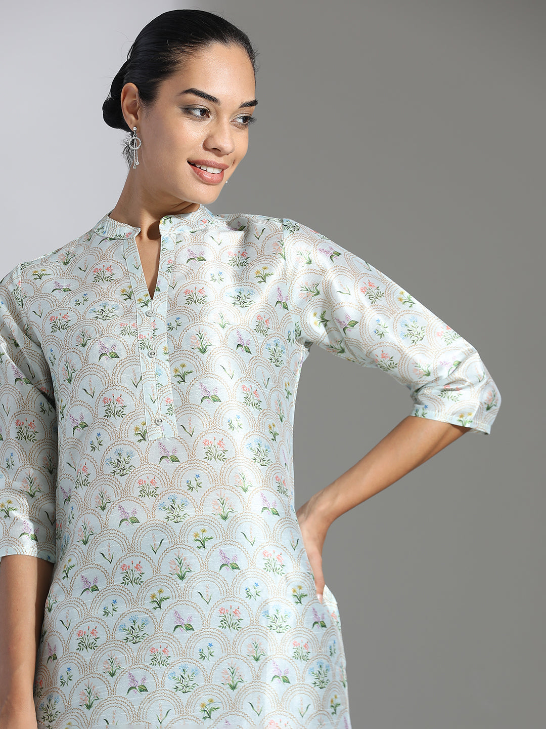 Light Green Floral Printed Poly Chanderi Kurta