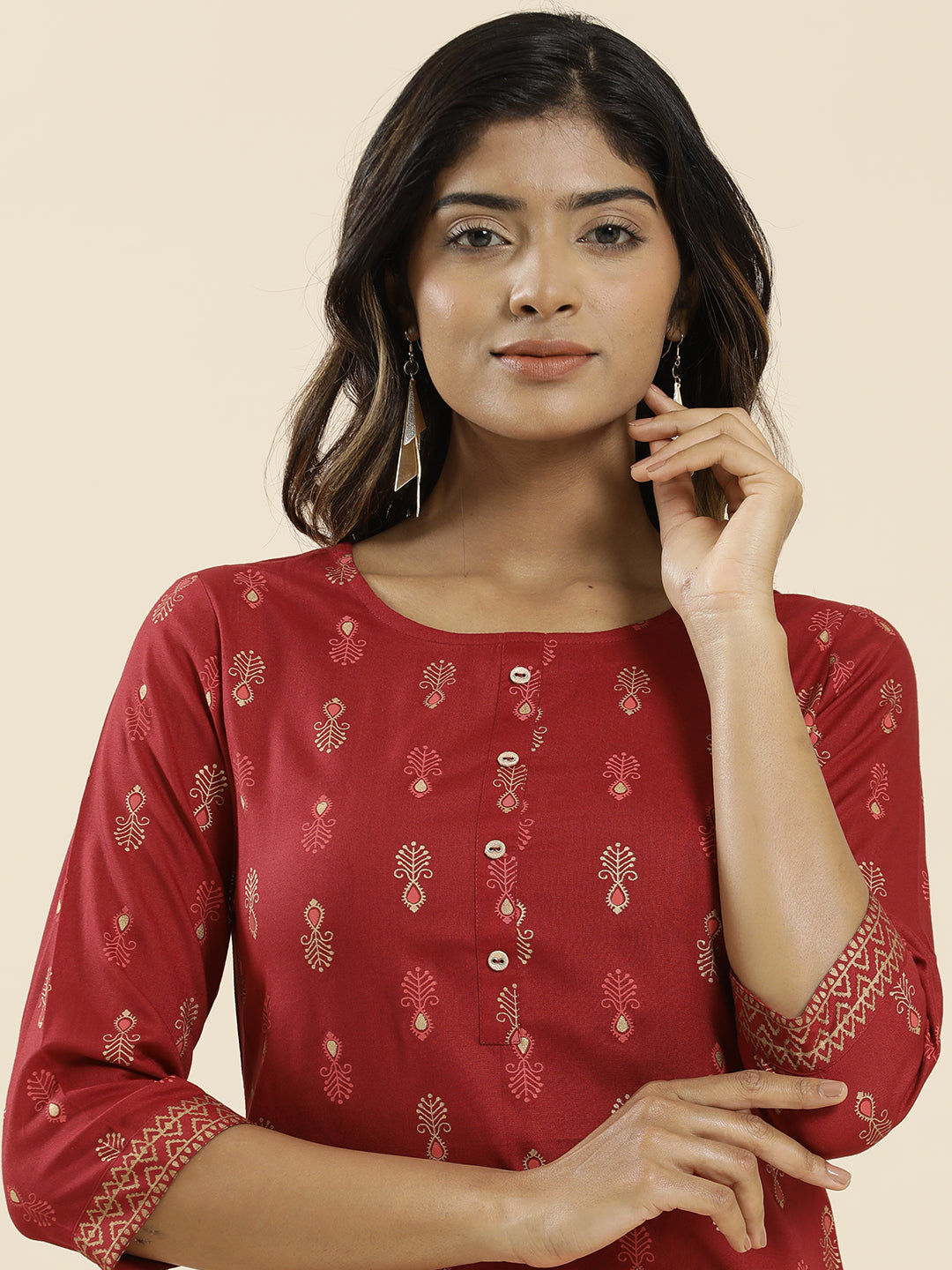 Rust Ethnic Motif Printed Straight Kurta