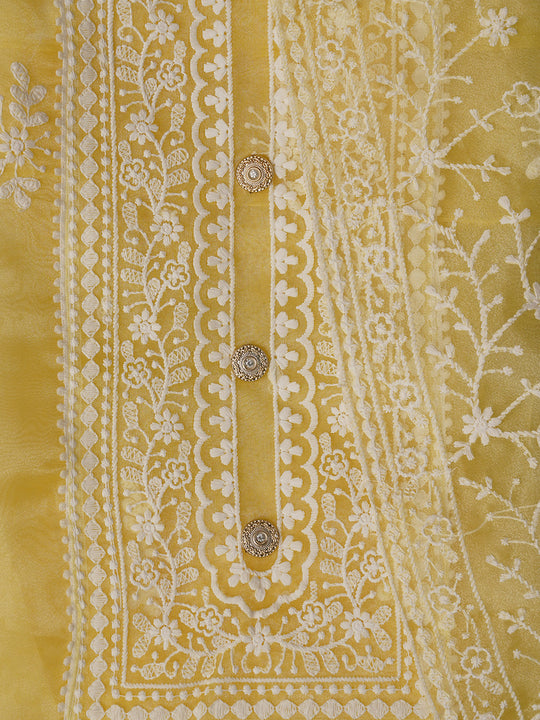 Unstitched Yellow Embroidered Organza Dress Material With Dupatta