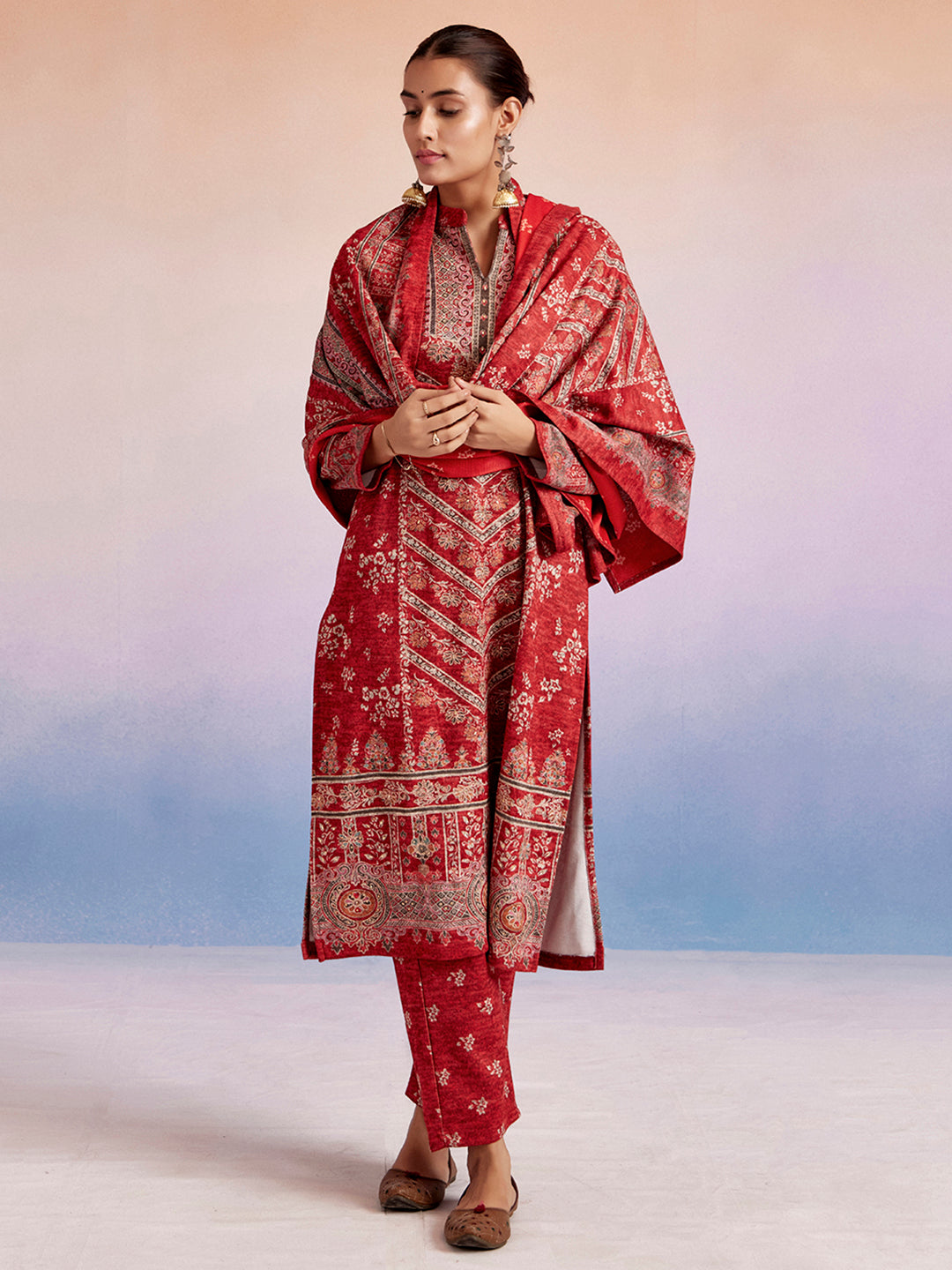 Red Woolen Ethnic Printed Kurta Set With Dupatta