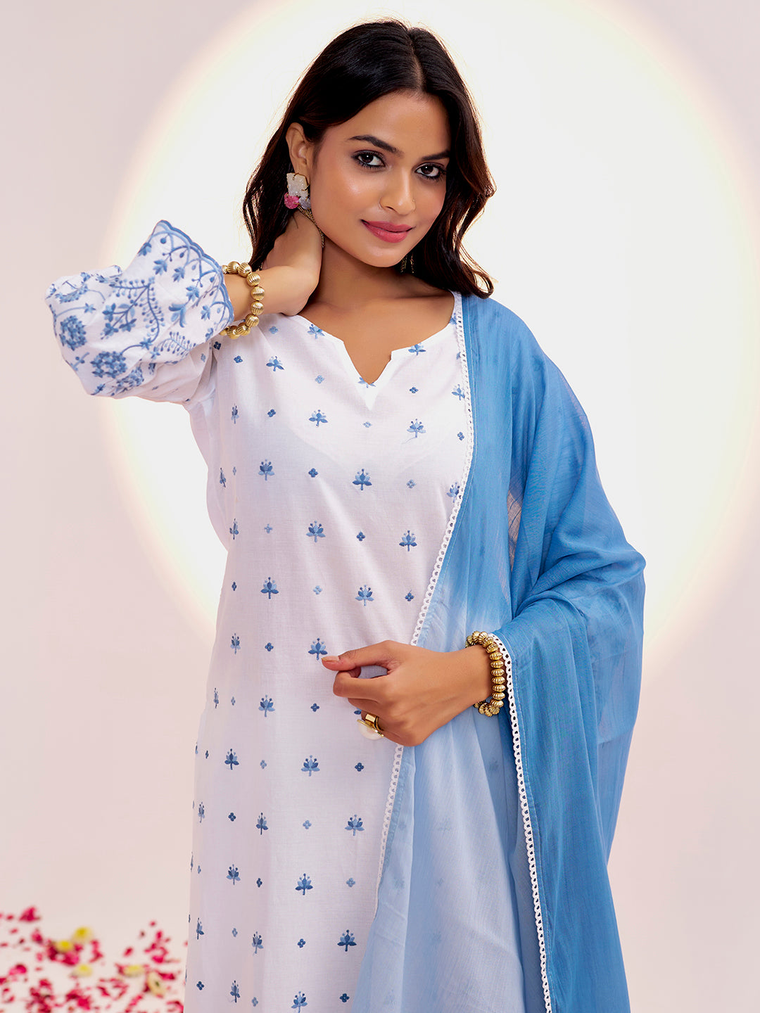 White & Blue Threadwork Embroidered Cotton Kurta Set With Dupatta