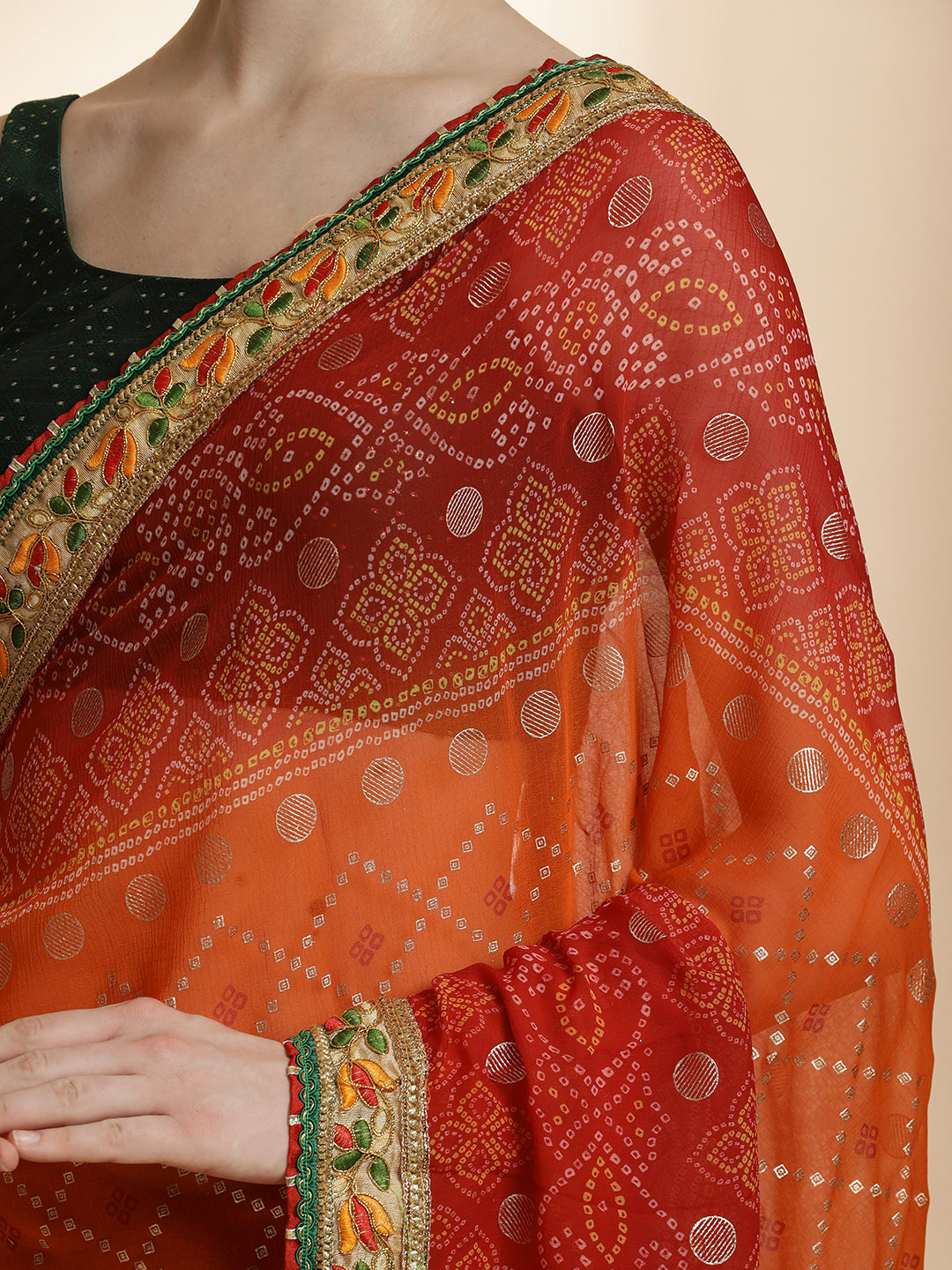 Red Traditional Bandhani Embroidered Pure Georgette Saree