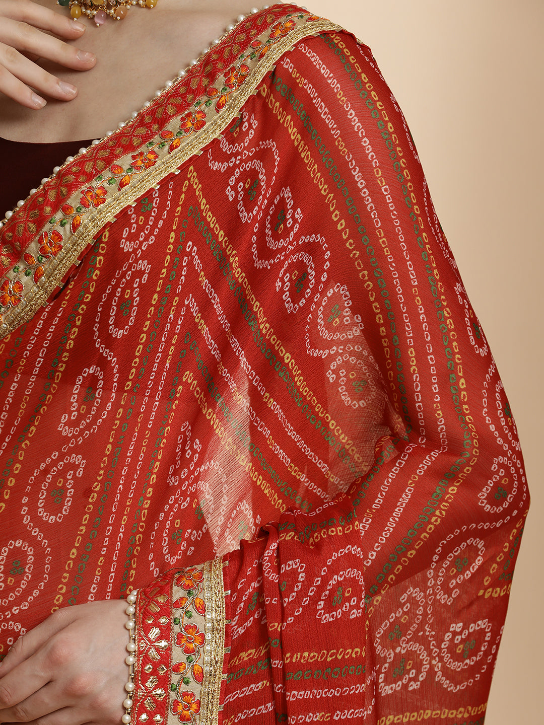 Traditional Bandhani Embroidered Red Pure Georgette Saree