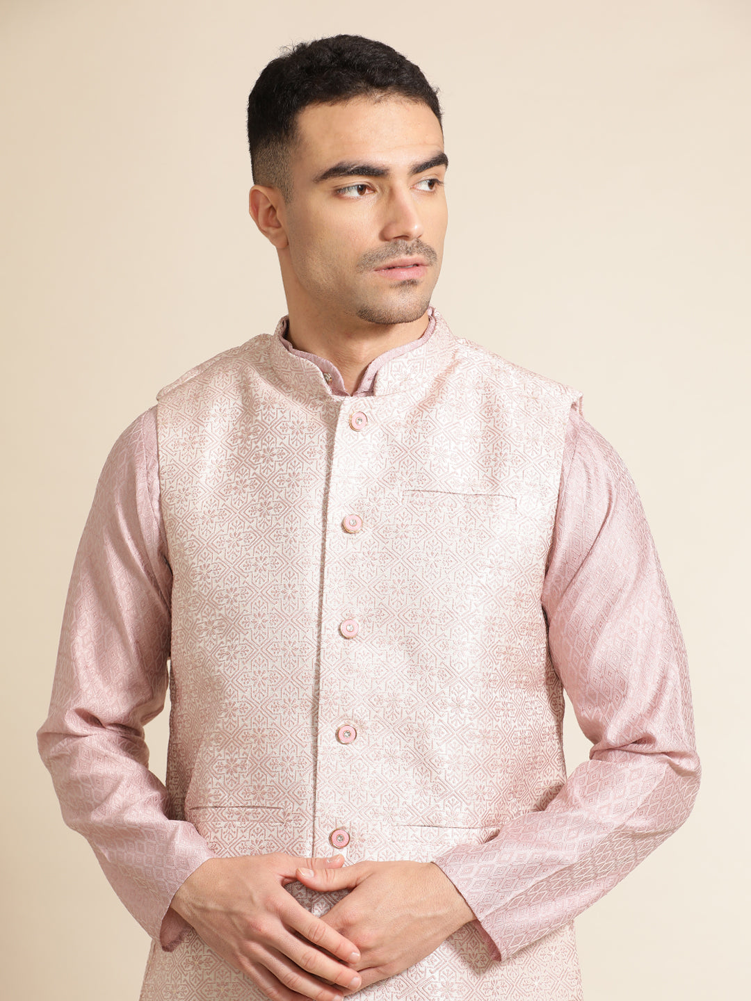 Onion Pink Silk Blend Kurta With Woven Design Nehru Jacket Set