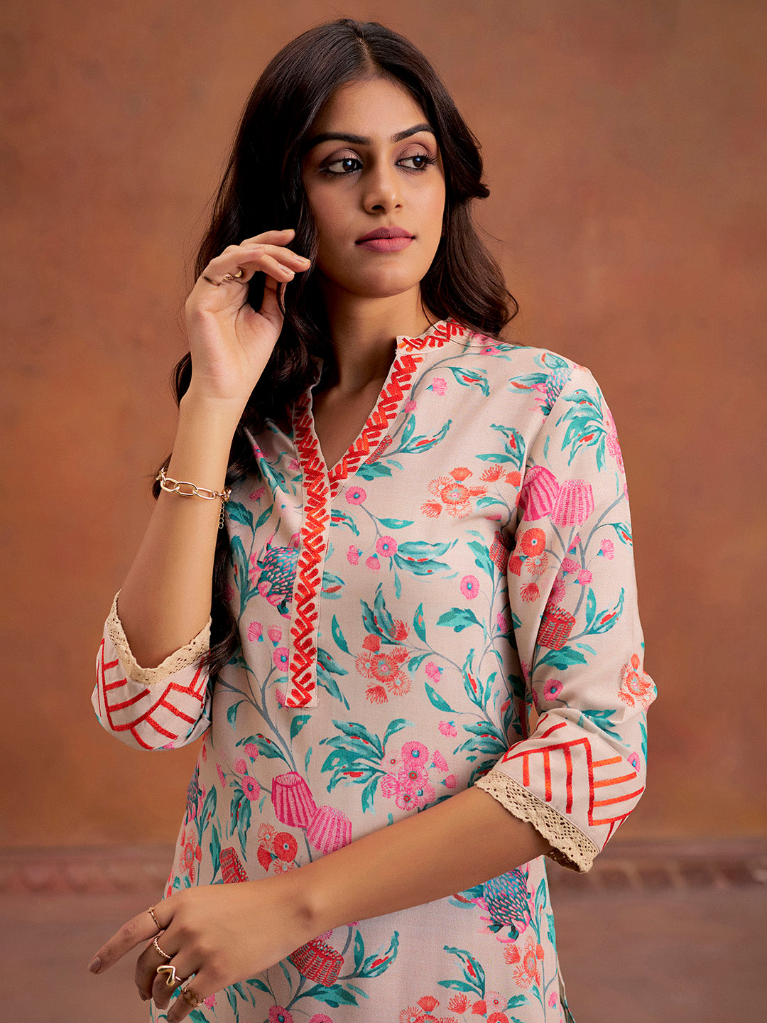 Beige Embroidered Tropical Printed Straight Kurta