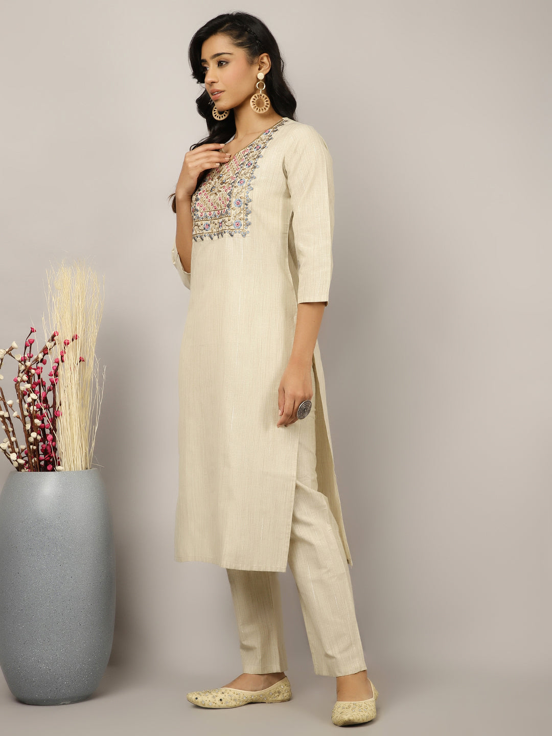 Beige Mirror Work Embroidered Festive Suit Set