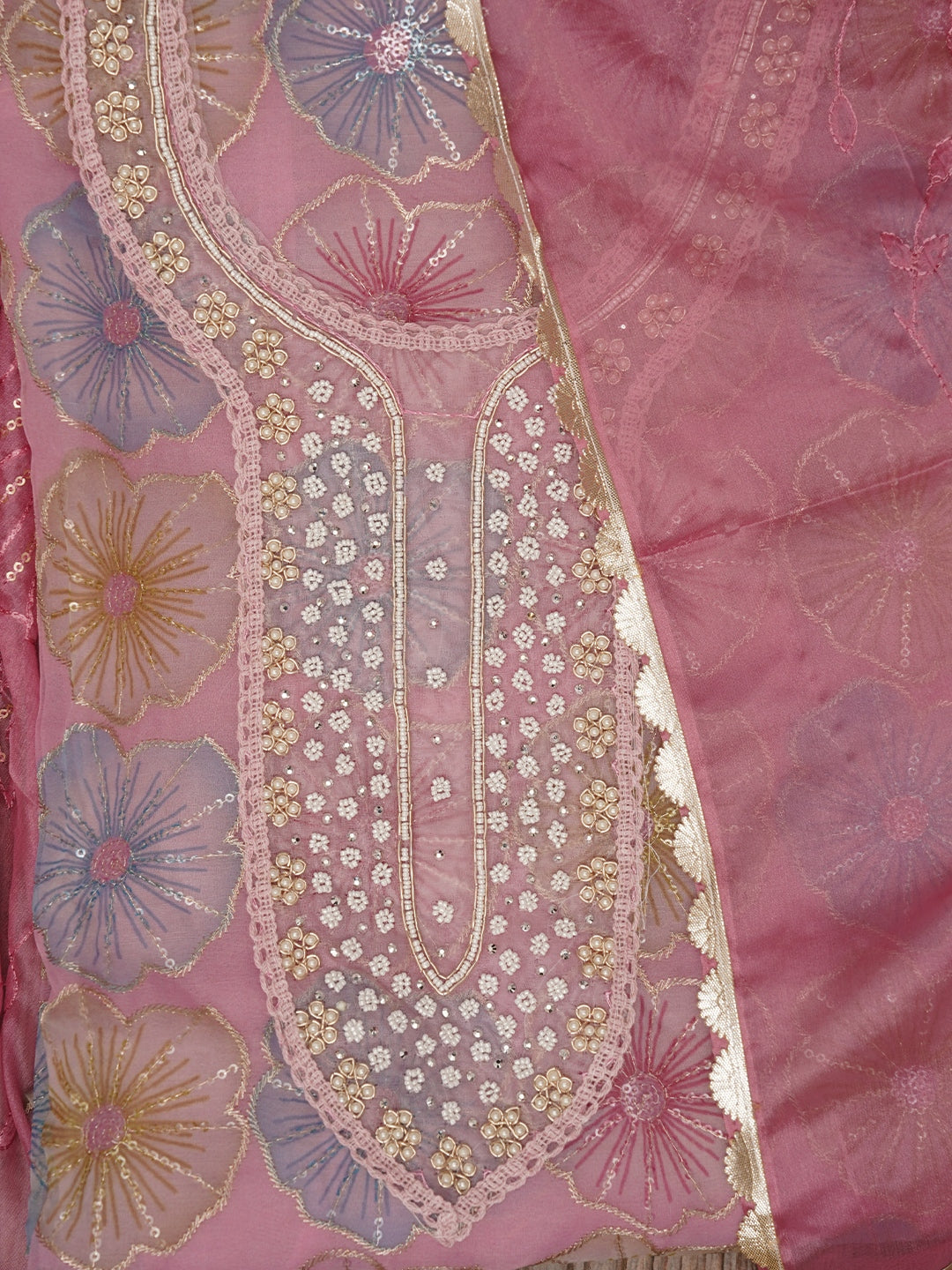 Pink Floral Sequin Embroidered Organza Dress Material with Dupatta