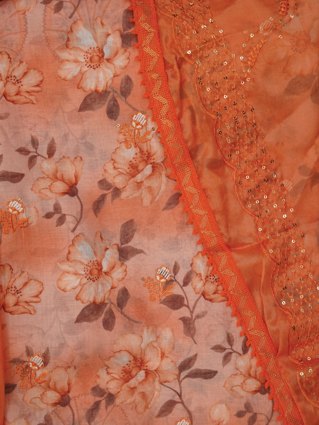 Peach Floral Printed Embellished Cotton Dress Material with Dupatta