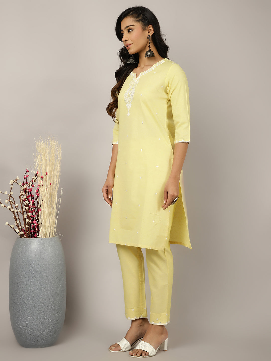 Cotton Thread And Sequin Embroidered Suit Set