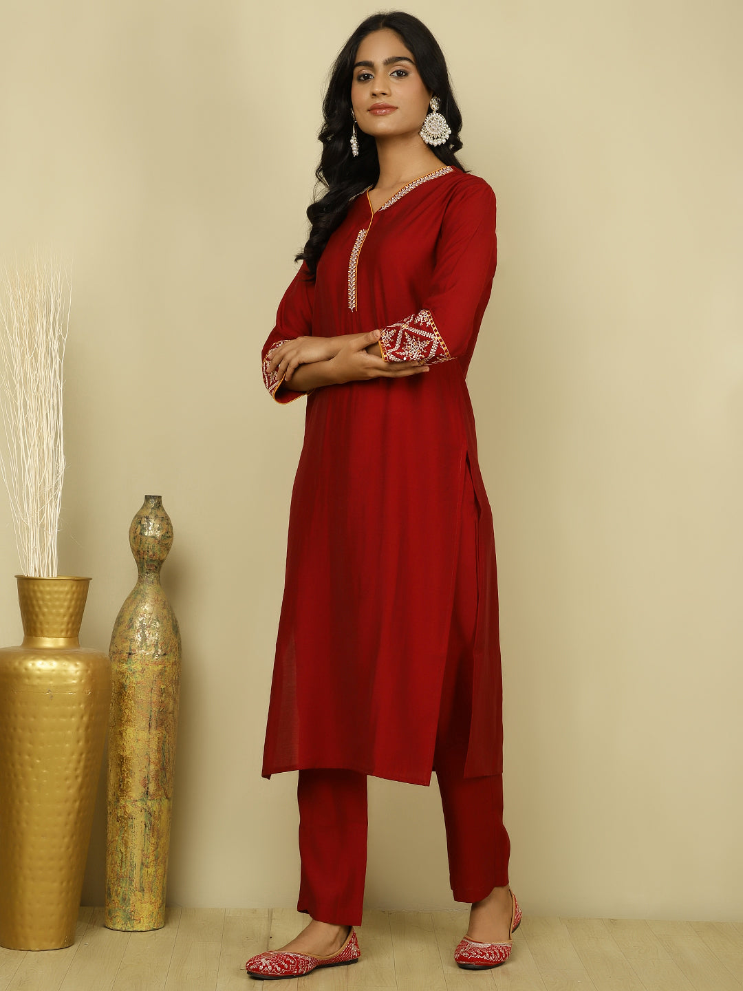 Maroon Silk Blend Embroidered Suit Set