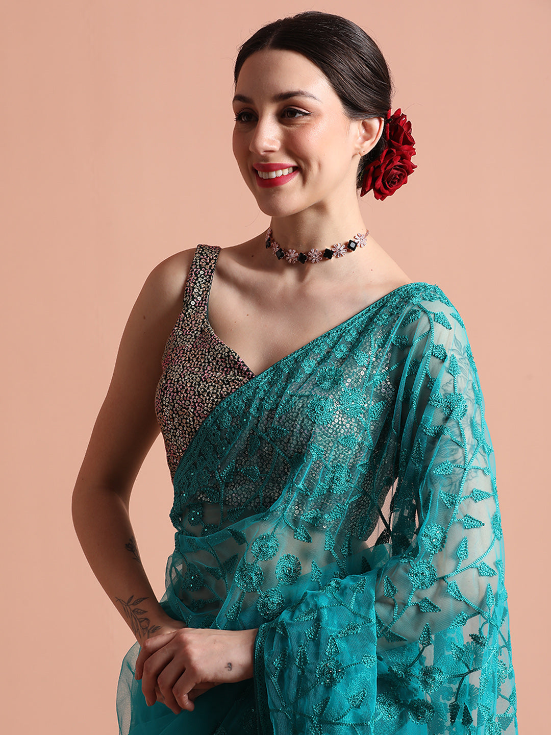 Firoji Party Wear Floral Embroidered Net Saree