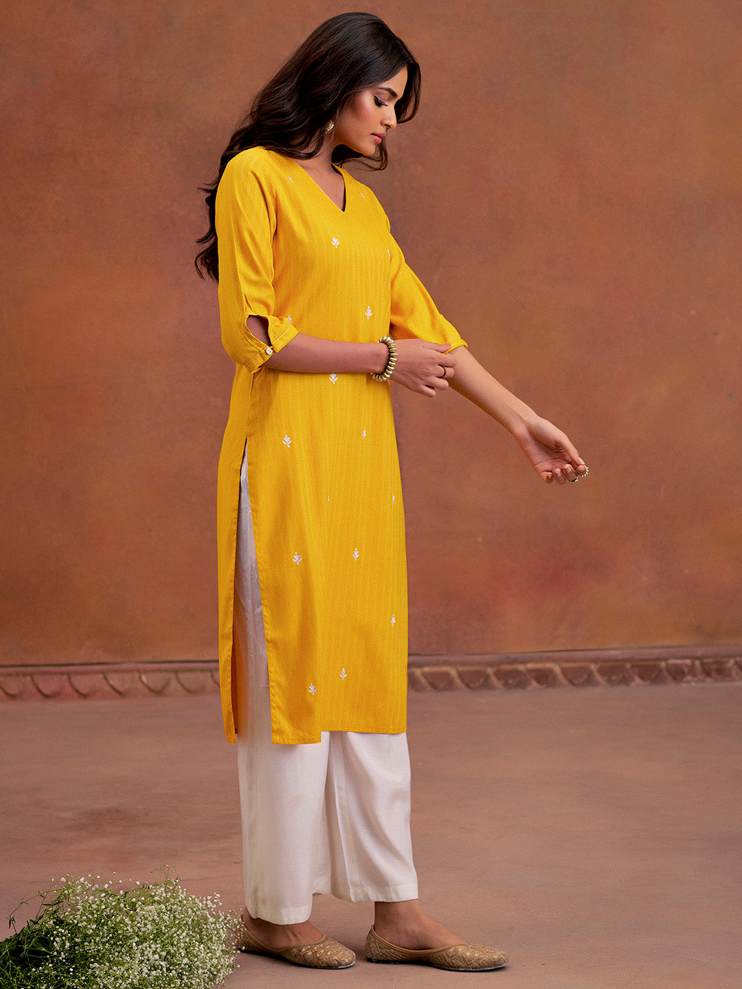 Mustard Self Woven Embroidered Straight Kurta