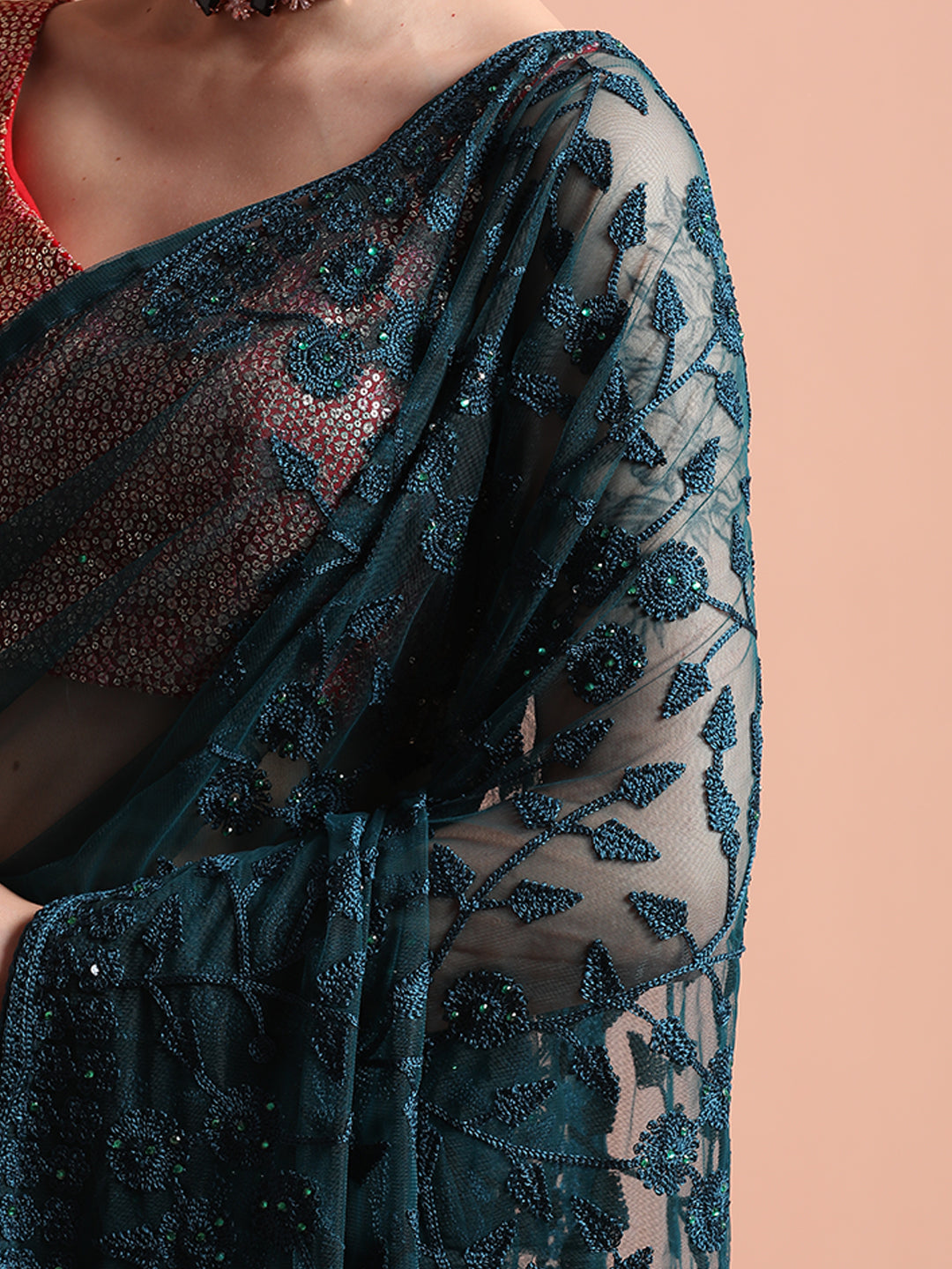 Teal Party Wear Floral Embroidered Net Saree