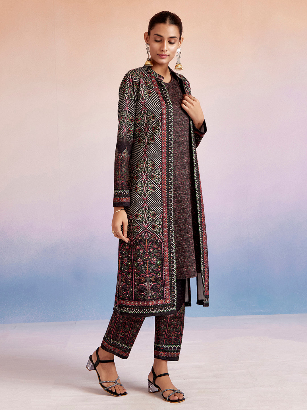 Grey Woolen Ethnic Printed Co-ord Set