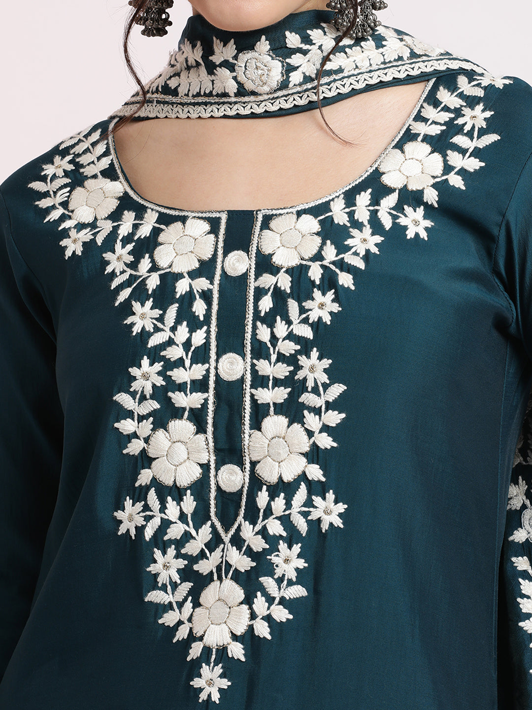 Teal Floral Embroidered Festive Kurta Set With Dupatta