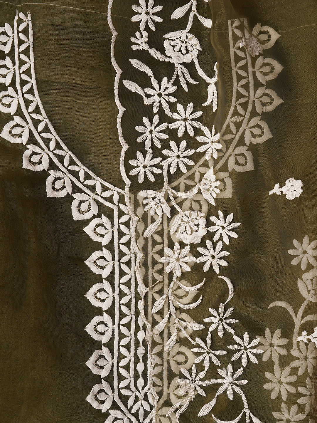 Mehandi Floral Embroidered Organza Dress with Dupatta