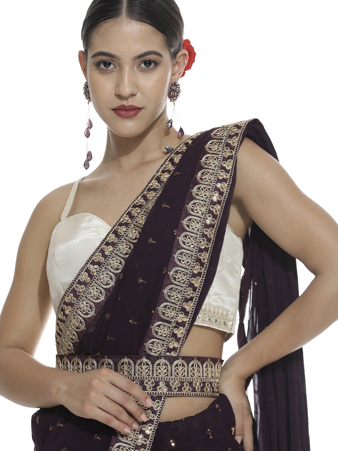 Pure Georgette Sequin Violet Saree With Belt